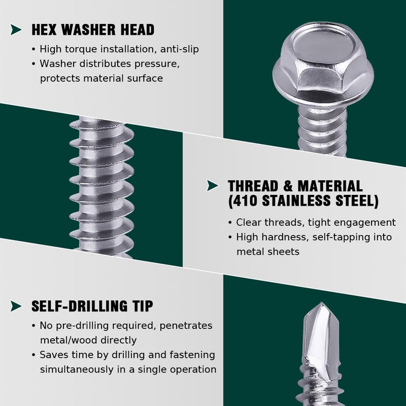 EASTLO #14 x 1 (50 pcs) Hex Washer Head Self Drilling Screws  410 Stainless Steel Metal Sheet Tek Screws  Self Tapping Point  No Pre-drilled Hole Needs - Image 4